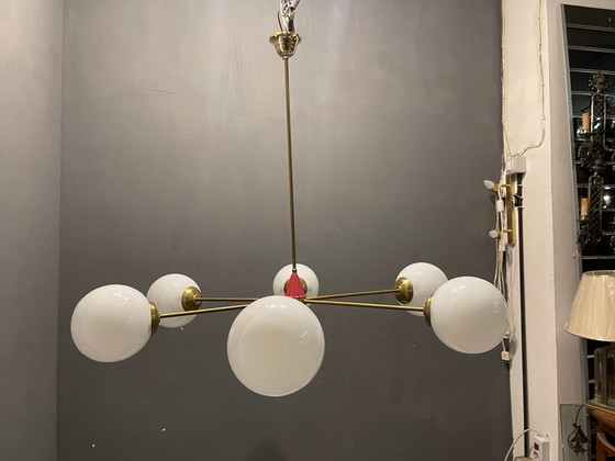 Image 1 of Sputnik Brass And Opaline Glass Chandelier, 1970S