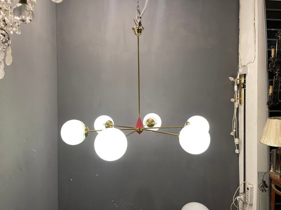 Image 1 of Sputnik Brass And Opaline Glass Chandelier, 1970S