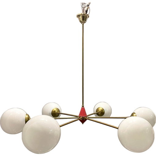 Sputnik Brass And Opaline Glass Chandelier, 1970S