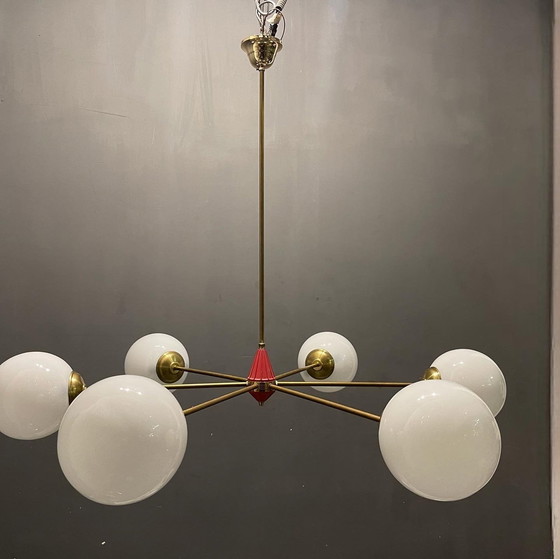 Image 1 of Sputnik Brass And Opaline Glass Chandelier, 1970S