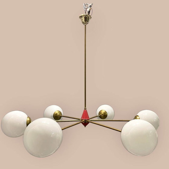 Image 1 of Sputnik Brass And Opaline Glass Chandelier, 1970S