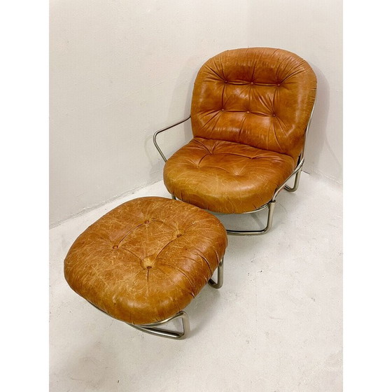 Image 1 of Mid-century cognac leather armchair and ottoman mod 915 by Carlo de Carli, Italy