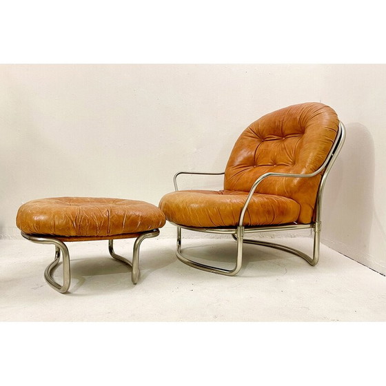 Image 1 of Mid-century cognac leather armchair and ottoman mod 915 by Carlo de Carli, Italy