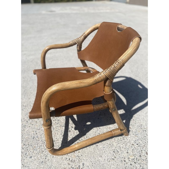 Image 1 of Vintage safari armchair in bamboo and leather, Denmark 1960