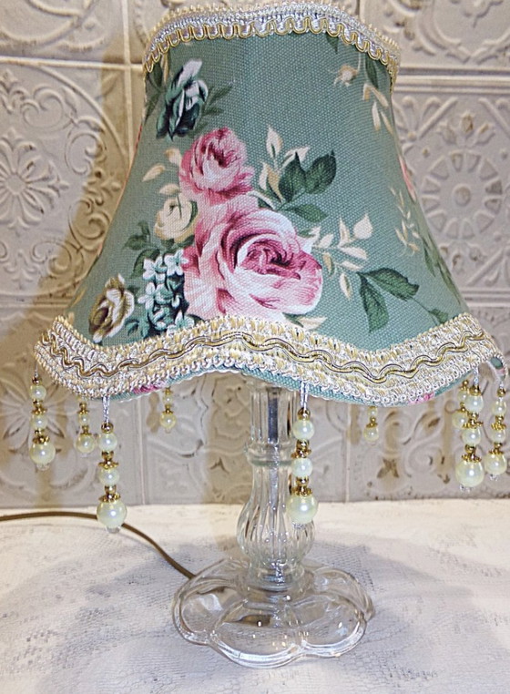 Image 1 of Antique Glass Lamp With Flower Shade - Country Chic