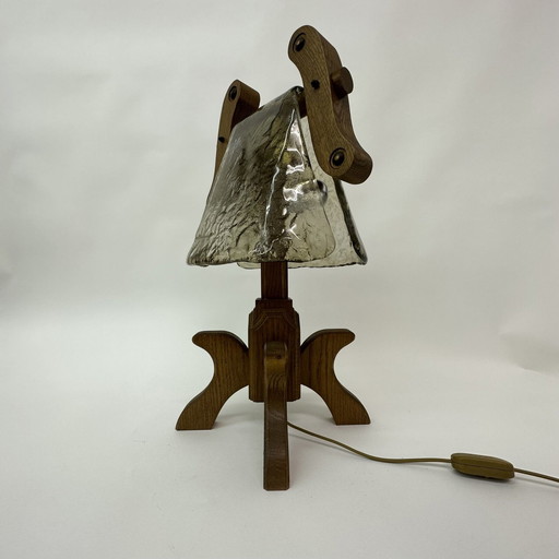 Brutalist solid oak table lamp , 1970’s