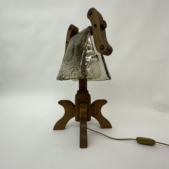 Image 1 of Brutalist solid oak table lamp , 1970’s