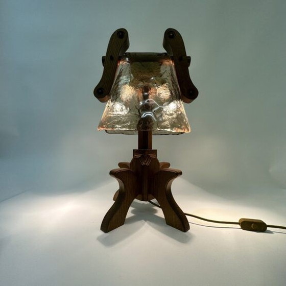 Image 1 of Brutalist solid oak table lamp , 1970’s