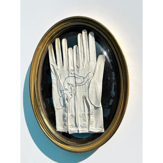 Image 1 of Vintage painting "embroidery on leather gloves" oval gilded wood frame by Sophie Lechat