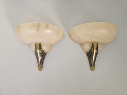 Art Deco Alabaster And Bronze Wall Sconces