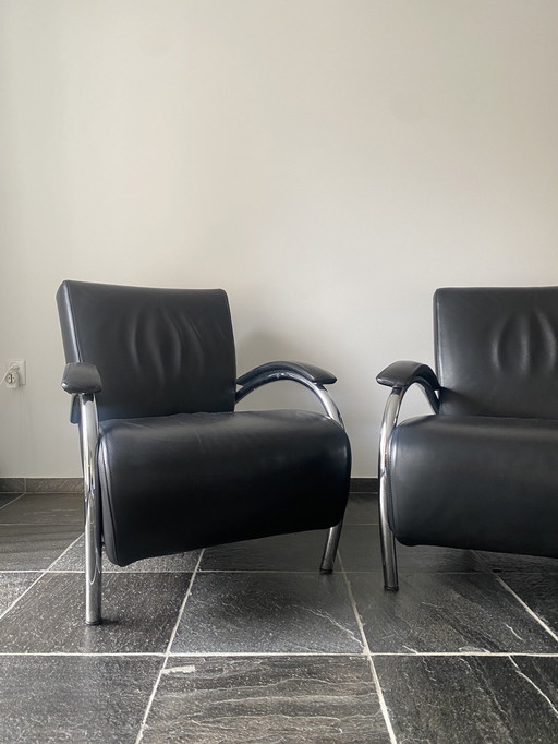 Two Chrome Armchair With Black Leather