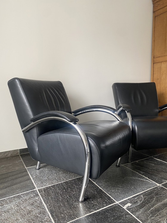 Image 1 of Two Chrome Armchair With Black Leather