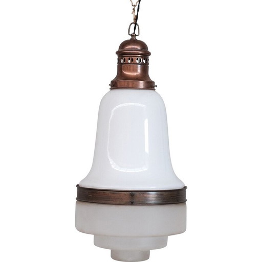 Vintage glass and copper pendant lamp, France 1930s