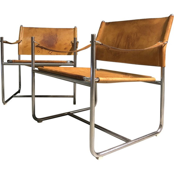 Image 1 of Pair of vintage Safari armchairs in beige leather, 1970