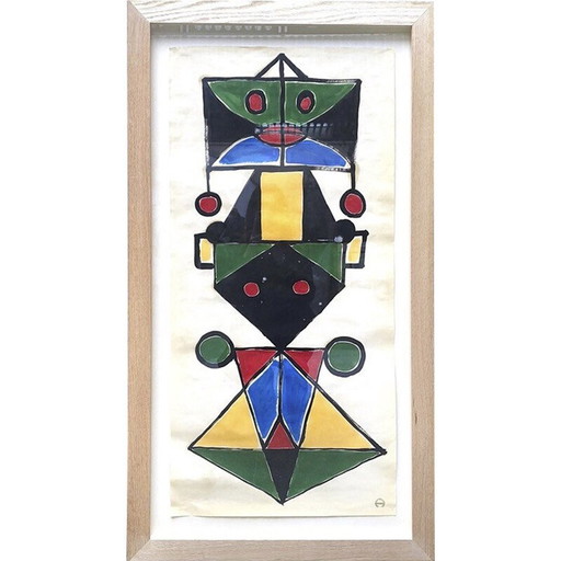 Gouache vintage sobre papel "Tótem" de Albert Chubac, 1960-1970