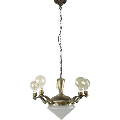Vintage art deco brass and glass chandelier