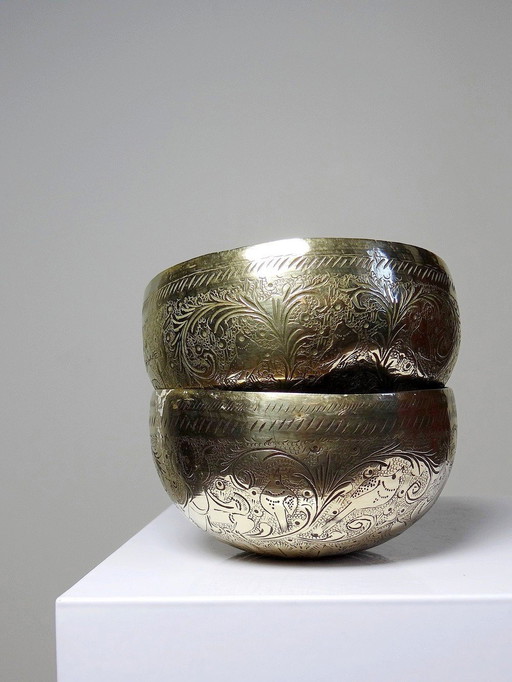 Pair Of Fully Chiselled Antique Indian Brass Bowls