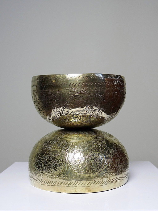 Pair Of Fully Chiselled Antique Indian Brass Bowls