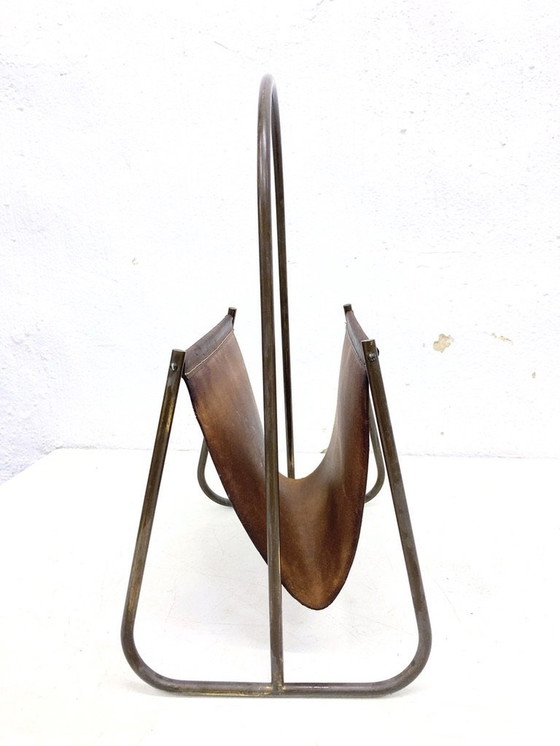 Image 1 of Mid - Century magazine rack brass leather Carl Auböck model 4019