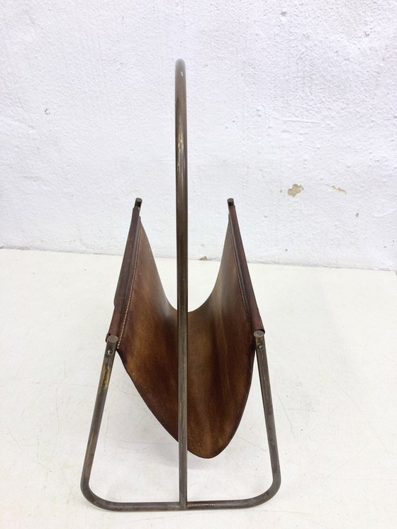 Image 1 of Mid - Century magazine rack brass leather Carl Auböck model 4019