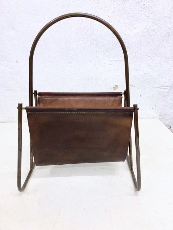 Image 1 of Mid - Century magazine rack brass leather Carl Auböck model 4019