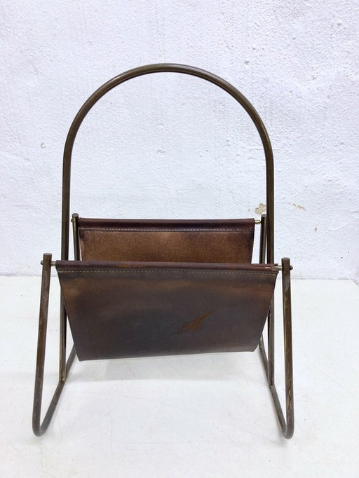 Mid - Century magazine rack brass leather Carl Auböck model 4019