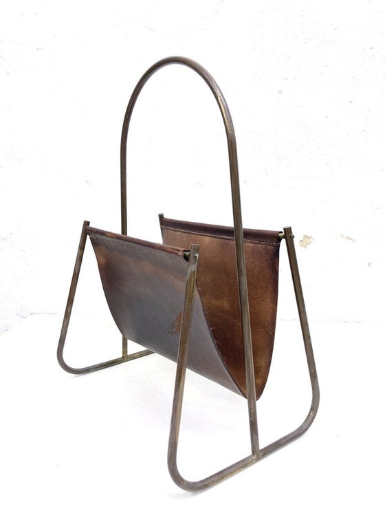 Image 1 of Mid - Century magazine rack brass leather Carl Auböck model 4019