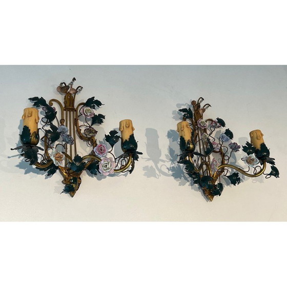 Image 1 of Pair of vintage wall lamps in bronze, patinated iron and porcelain flowers, 1940