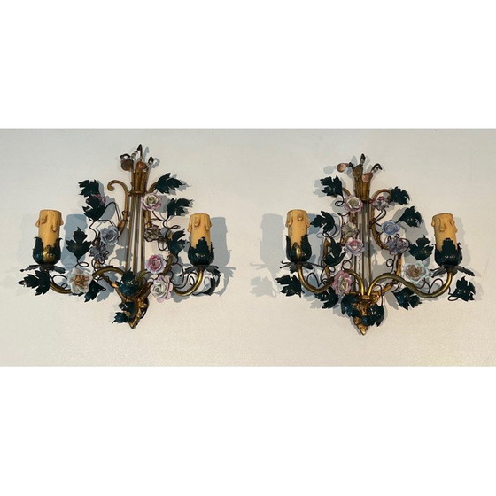 Image 1 of Pair of vintage wall lamps in bronze, patinated iron and porcelain flowers, 1940