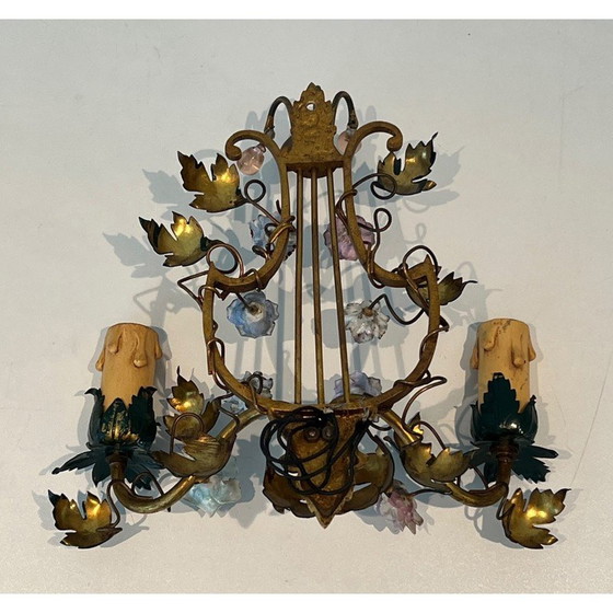 Image 1 of Pair of vintage wall lamps in bronze, patinated iron and porcelain flowers, 1940