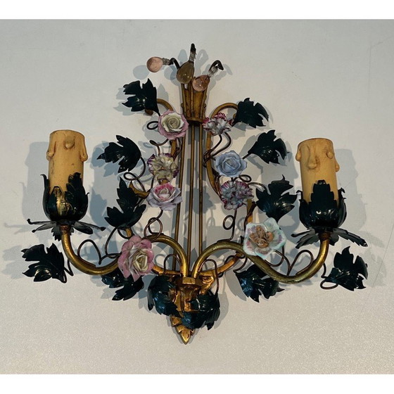 Image 1 of Pair of vintage wall lamps in bronze, patinated iron and porcelain flowers, 1940