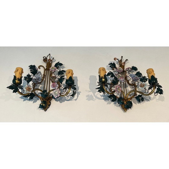 Image 1 of Pair of vintage wall lamps in bronze, patinated iron and porcelain flowers, 1940