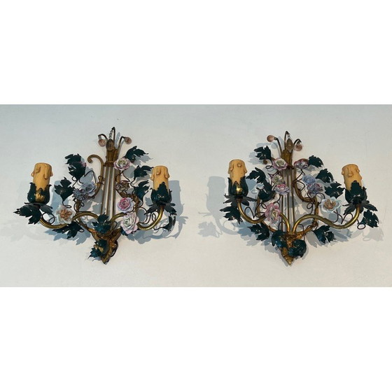 Image 1 of Pair of vintage wall lamps in bronze, patinated iron and porcelain flowers, 1940