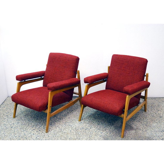 Image 1 of Pair of vintage armchairs in maple wood and fabric with 3-seater sofa, 1960
