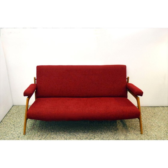 Image 1 of Pair of vintage armchairs in maple wood and fabric with 3-seater sofa, 1960