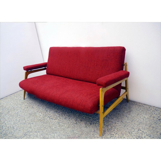 Image 1 of Pair of vintage armchairs in maple wood and fabric with 3-seater sofa, 1960