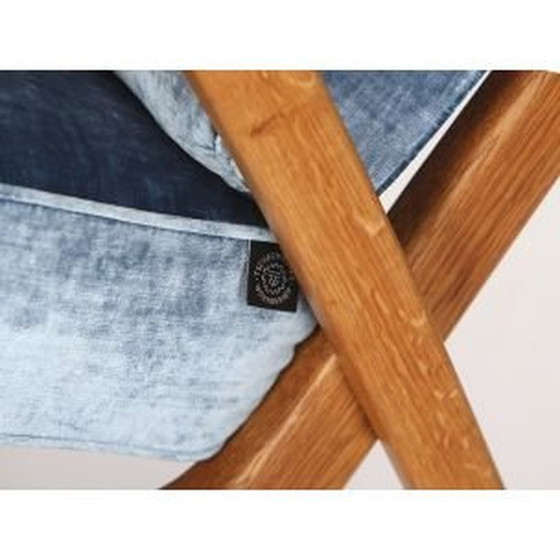 Image 1 of Vintage oak and blue velvet armchair, Czechoslovakia 1950