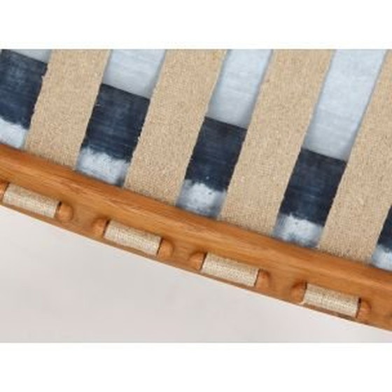 Image 1 of Vintage oak and blue velvet armchair, Czechoslovakia 1950