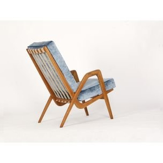 Image 1 of Vintage oak and blue velvet armchair, Czechoslovakia 1950