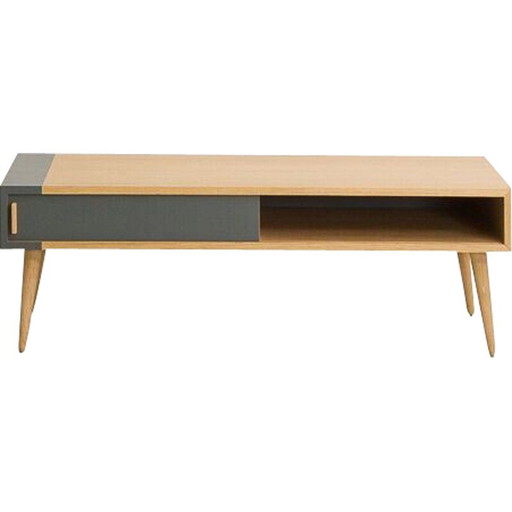 Vintage oak coffee table with 2 sliding doors, France