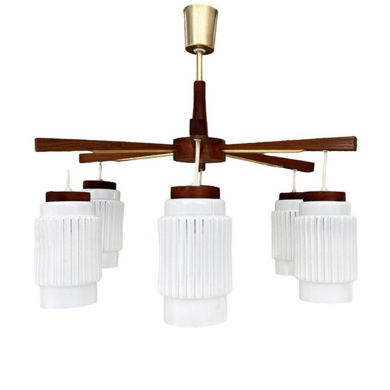 Image 1 of Scandinavian vintage six-arm chandelier in teak wood, Denmark 1970s