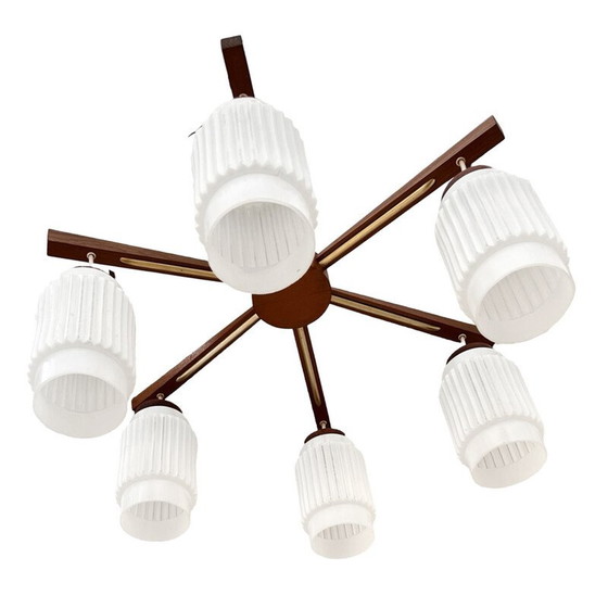 Image 1 of Scandinavian vintage six-arm chandelier in teak wood, Denmark 1970s