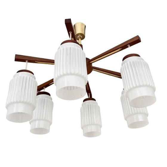 Image 1 of Scandinavian vintage six-arm chandelier in teak wood, Denmark 1970s