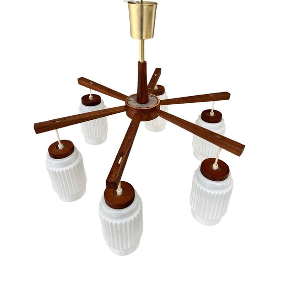 Image 1 of Scandinavian vintage six-arm chandelier in teak wood, Denmark 1970s