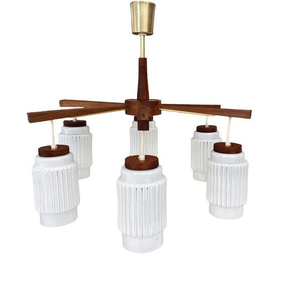 Image 1 of Scandinavian vintage six-arm chandelier in teak wood, Denmark 1970s
