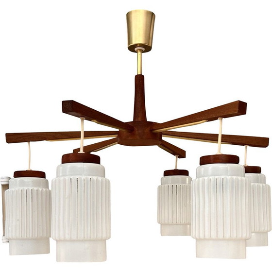 Image 1 of Scandinavian vintage six-arm chandelier in teak wood, Denmark 1970s