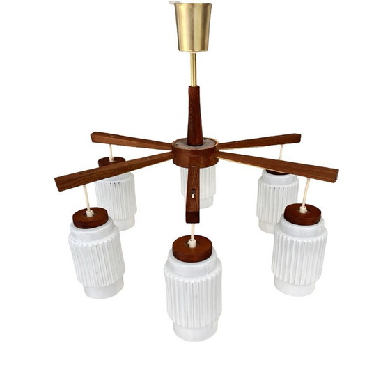 Image 1 of Scandinavian vintage six-arm chandelier in teak wood, Denmark 1970s