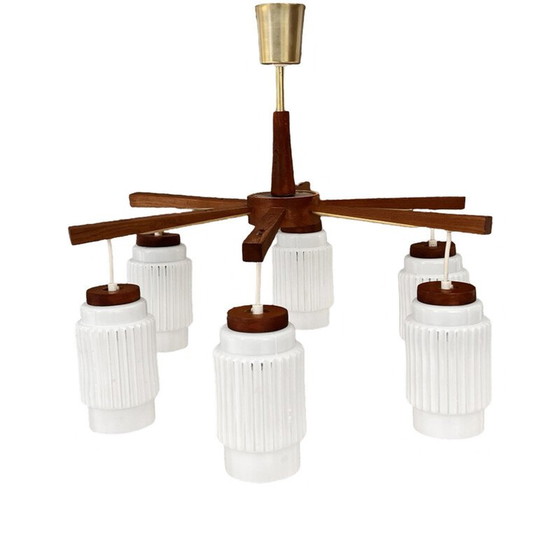 Image 1 of Scandinavian vintage six-arm chandelier in teak wood, Denmark 1970s