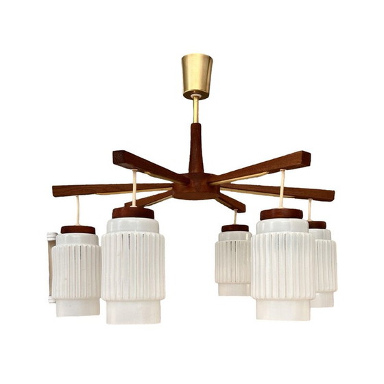 Image 1 of Scandinavian vintage six-arm chandelier in teak wood, Denmark 1970s