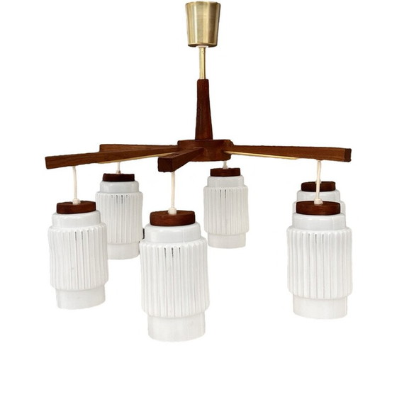Image 1 of Scandinavian vintage six-arm chandelier in teak wood, Denmark 1970s